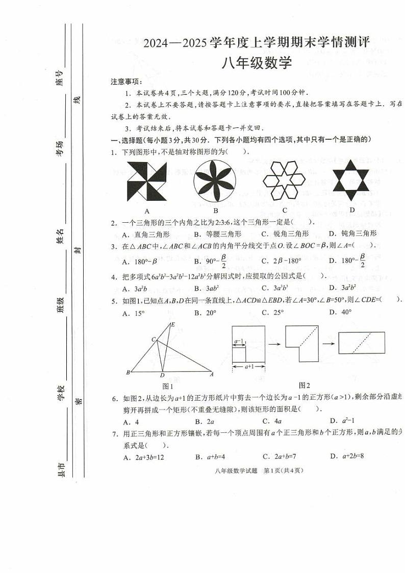 河南省驻马店市平舆县2024-2025学年八年级上学期1月期末数学试题第1页
