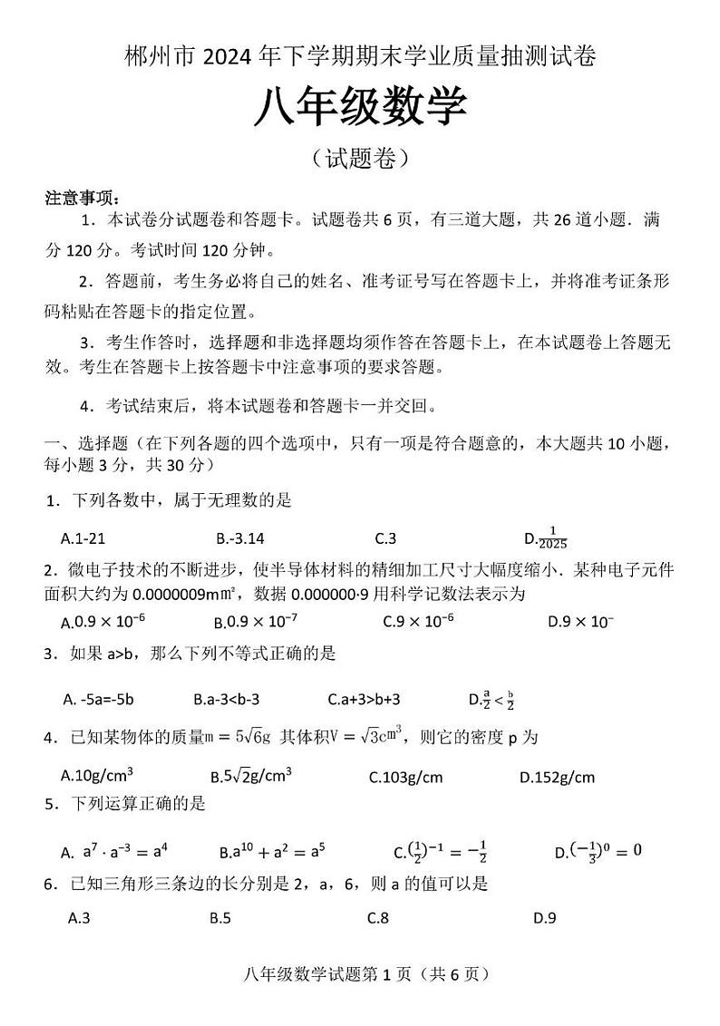 湖南省郴州市2024—-2025学年上学期八年级数学期末考试卷第1页