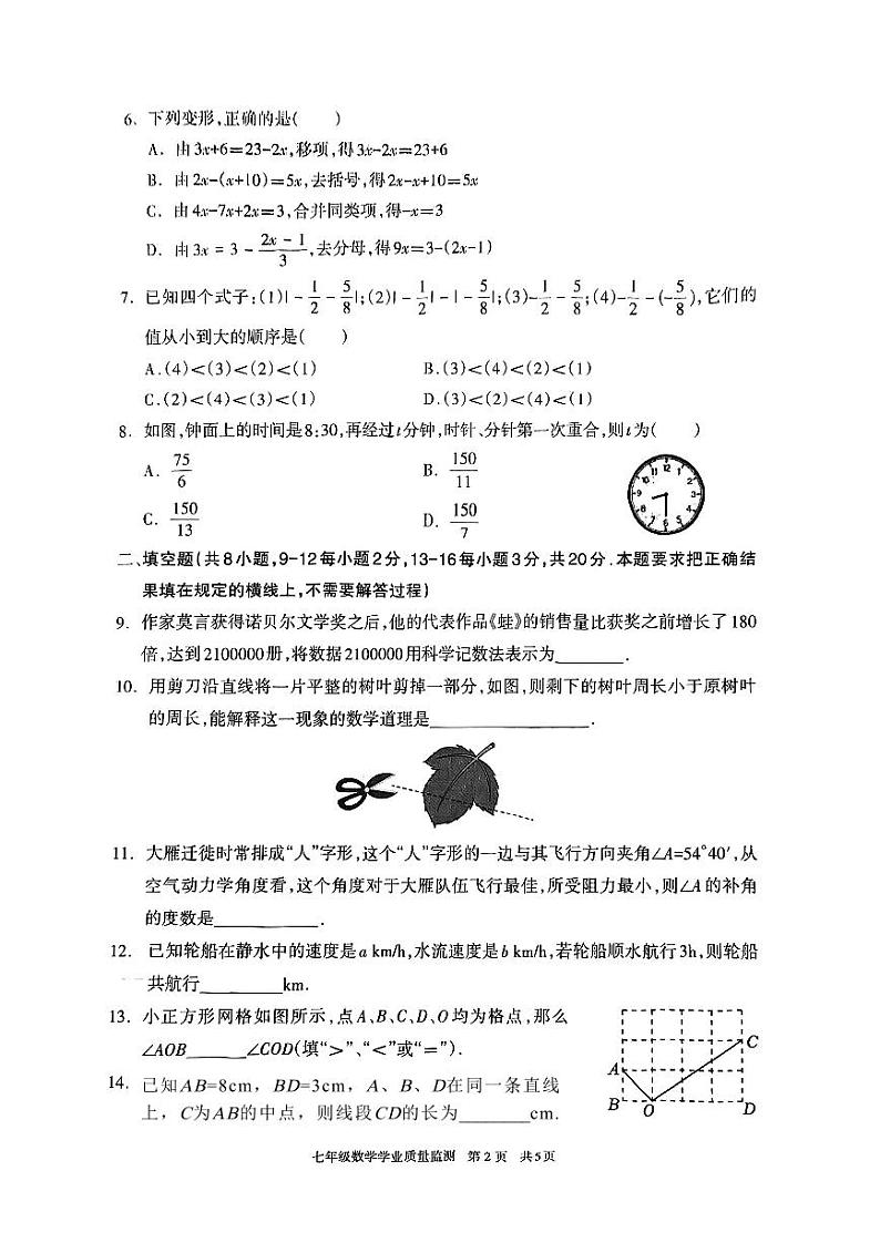 内蒙古呼和浩特市2024-2025学年七年级上学期期末考试数学试题第2页