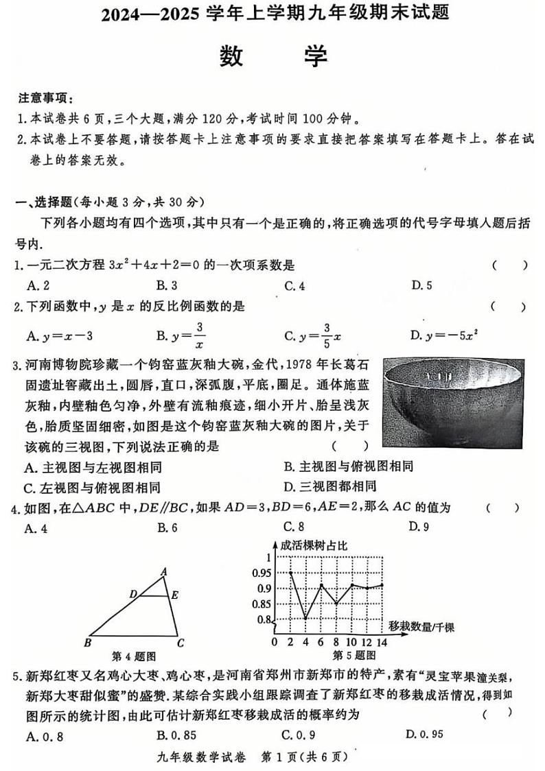 2024-2025学年郑州市二七区九年级上学期期末数学试卷第1页