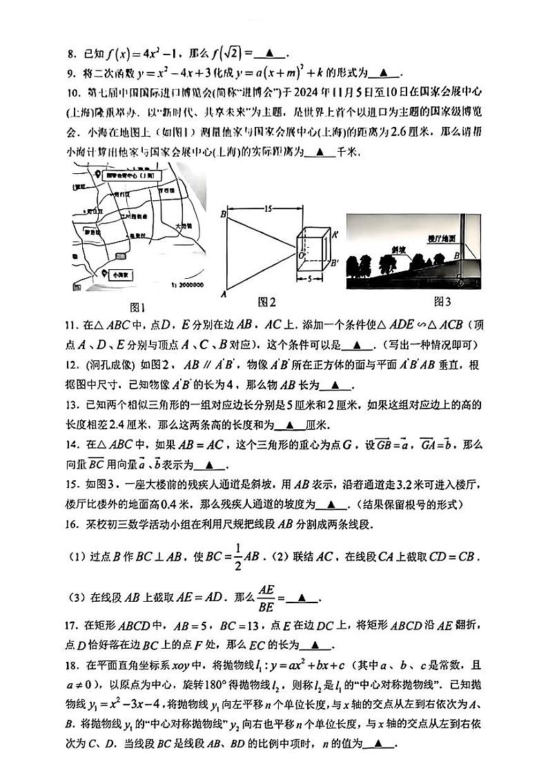 上海市金山区2024-2025学年九年级上学期期末数学试卷（一模）第2页