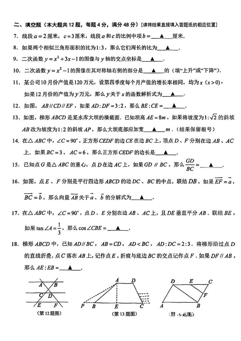 2025年上海市青浦区初三数学一模试卷第2页