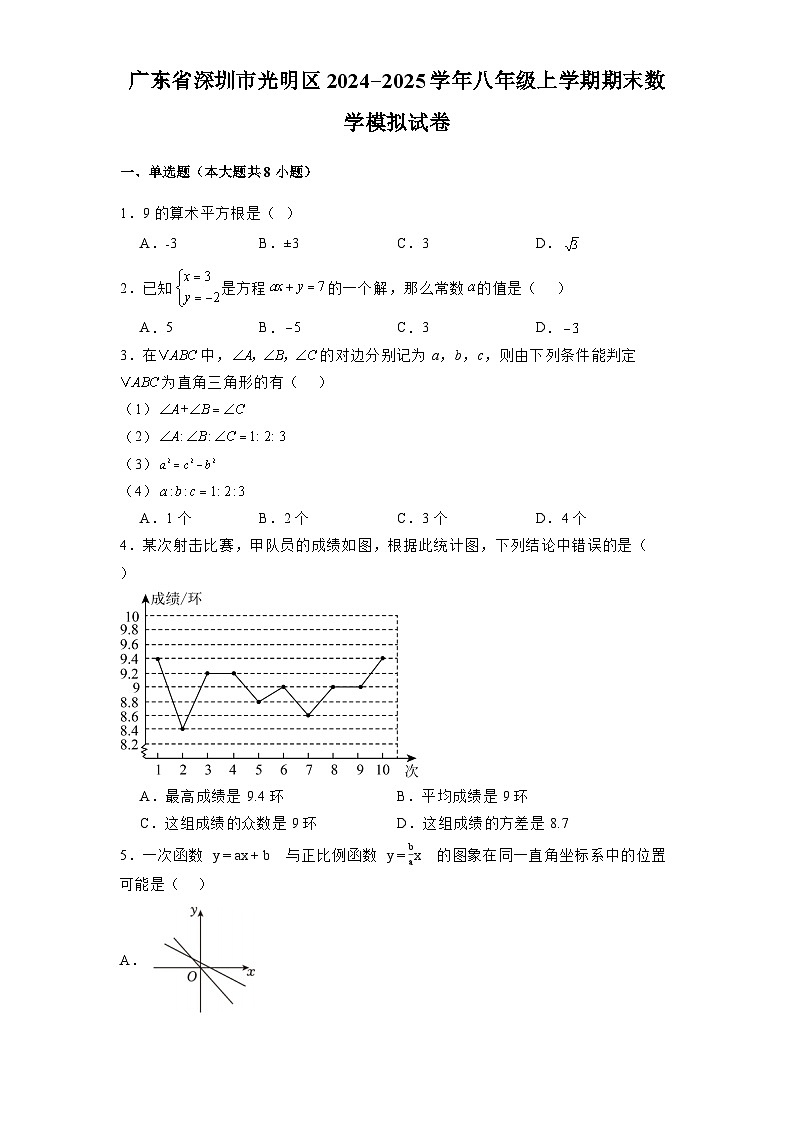 广东省深圳市光明区2024-2025学年八年级上学期期末 数学模拟试卷（含解析）第1页