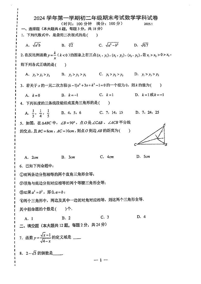 上海市实验学校东校2024-2025学年 八年级上学期数学期末 试卷第1页