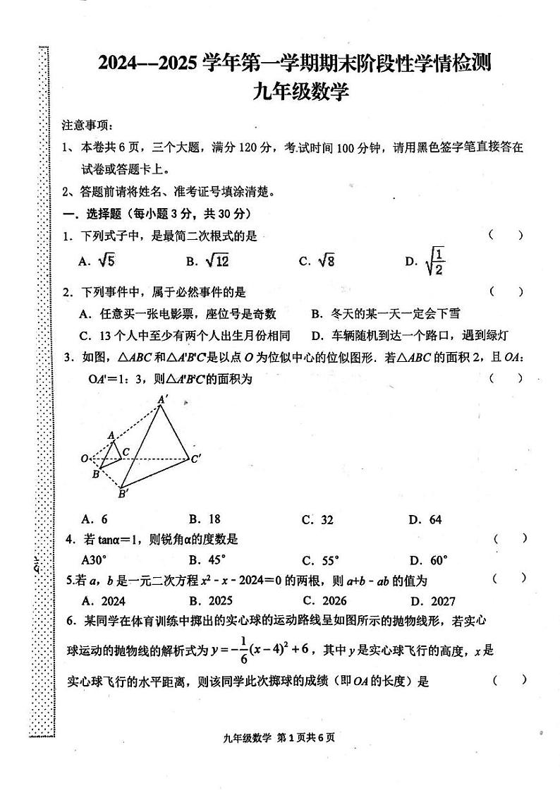 河南省周口市淮阳区2024-2025学年九年级上学期1月期末数学试题第1页