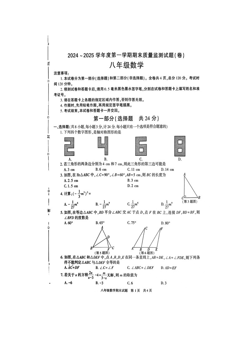 陕西省商洛市山阳县2024-2025学年八年级上学期1月期末数学试题第1页