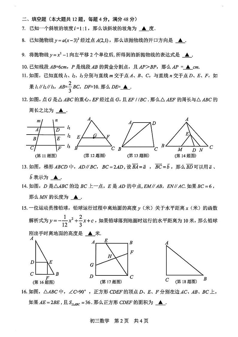 2025年上海市松江区初三 中考一模  数学试卷第2页