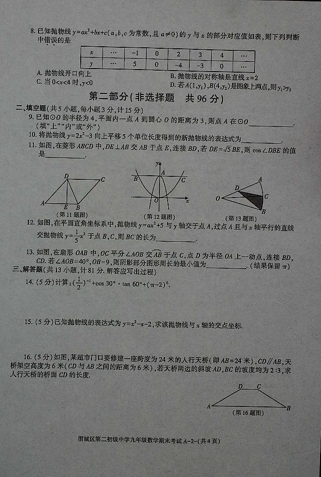 陕西省咸阳市渭城区第二初级中学九年级数学2024-2025学年度第一学期期末考试试卷第2页