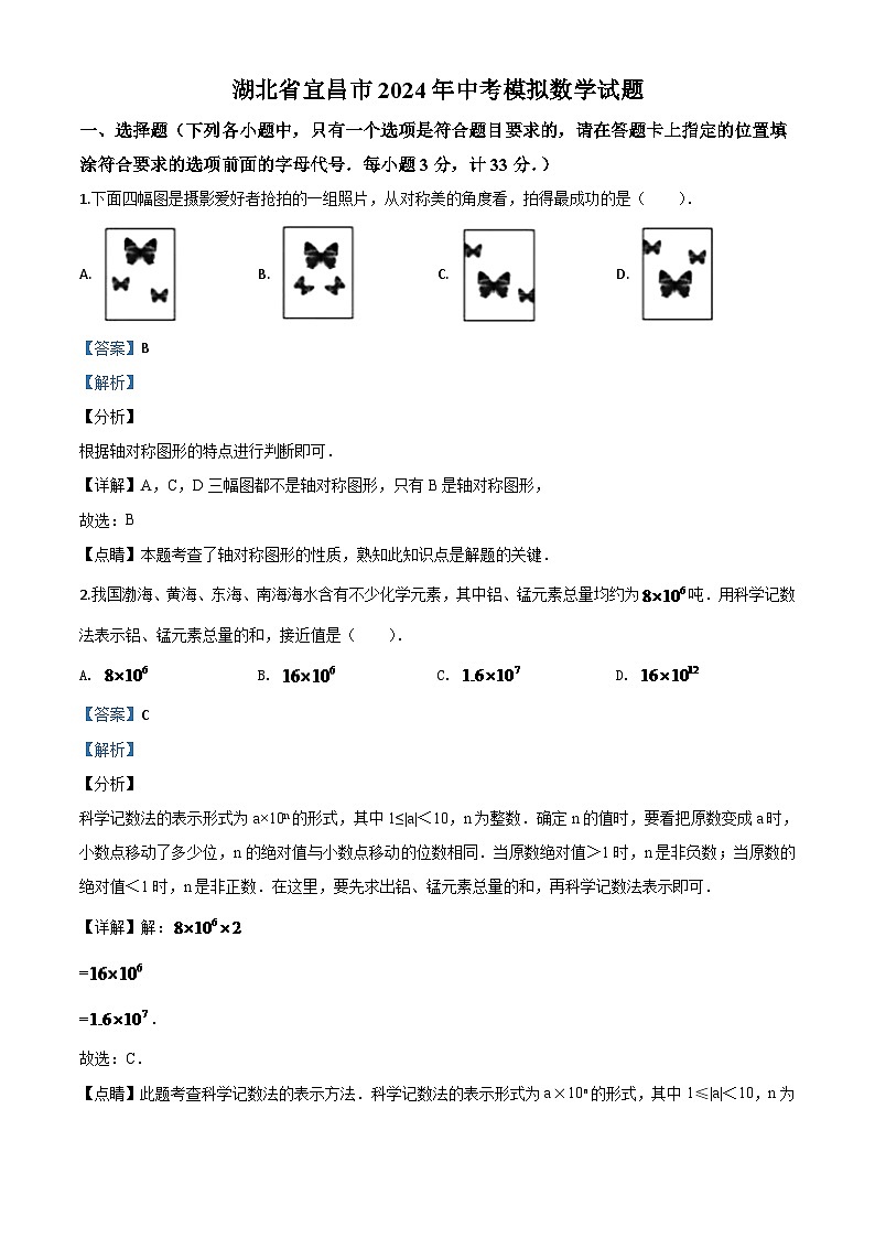 湖北省宜昌市2024年中考模拟数学试题（解析版）第1页