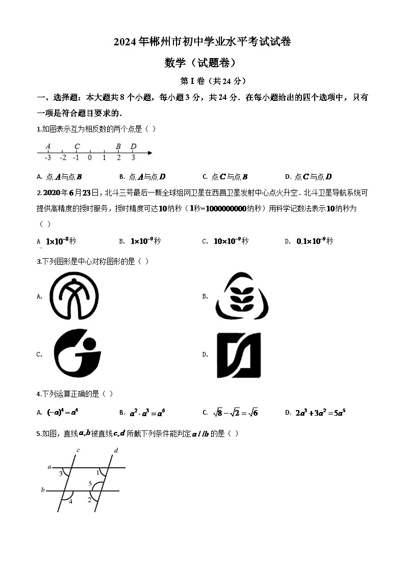 湖南省郴州市2024年中考模拟数学试题（原卷版）第1页
