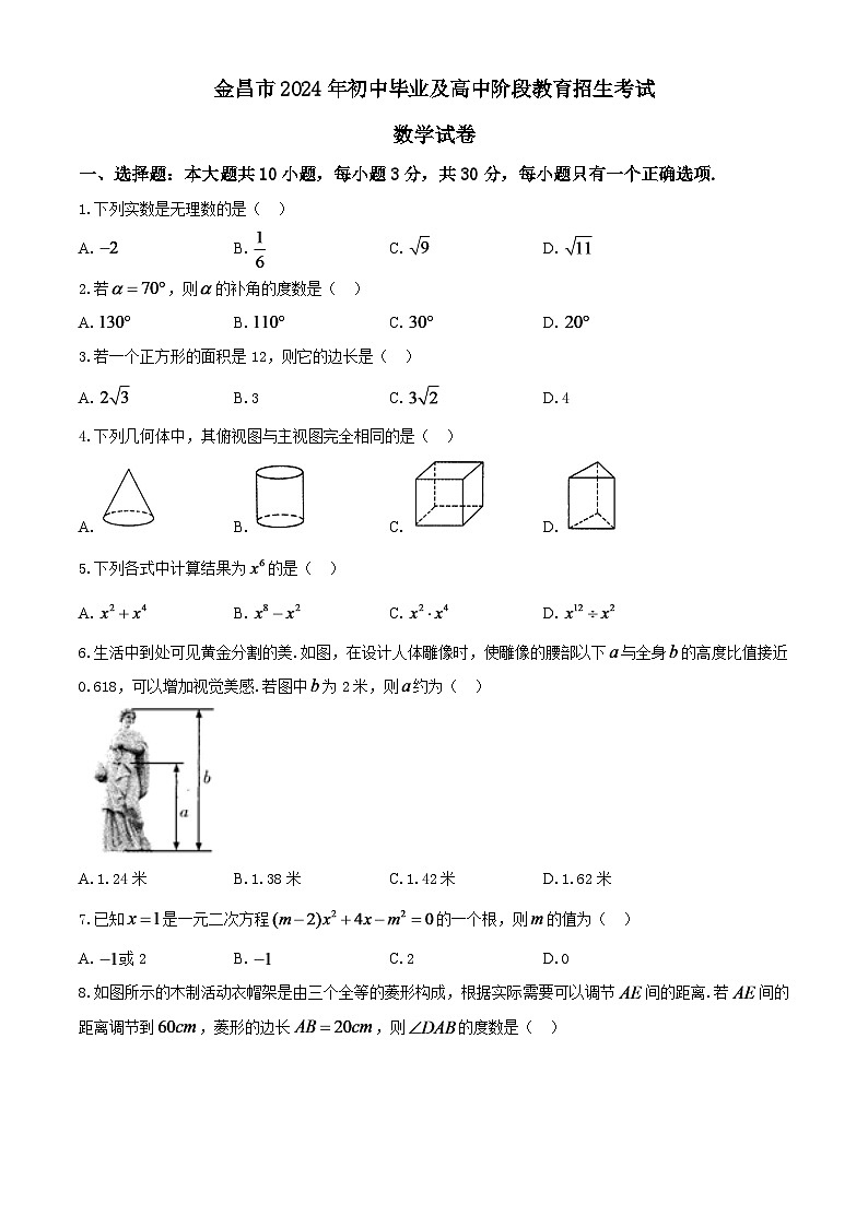 甘肃省金昌市2024年中考模拟数学试题第1页