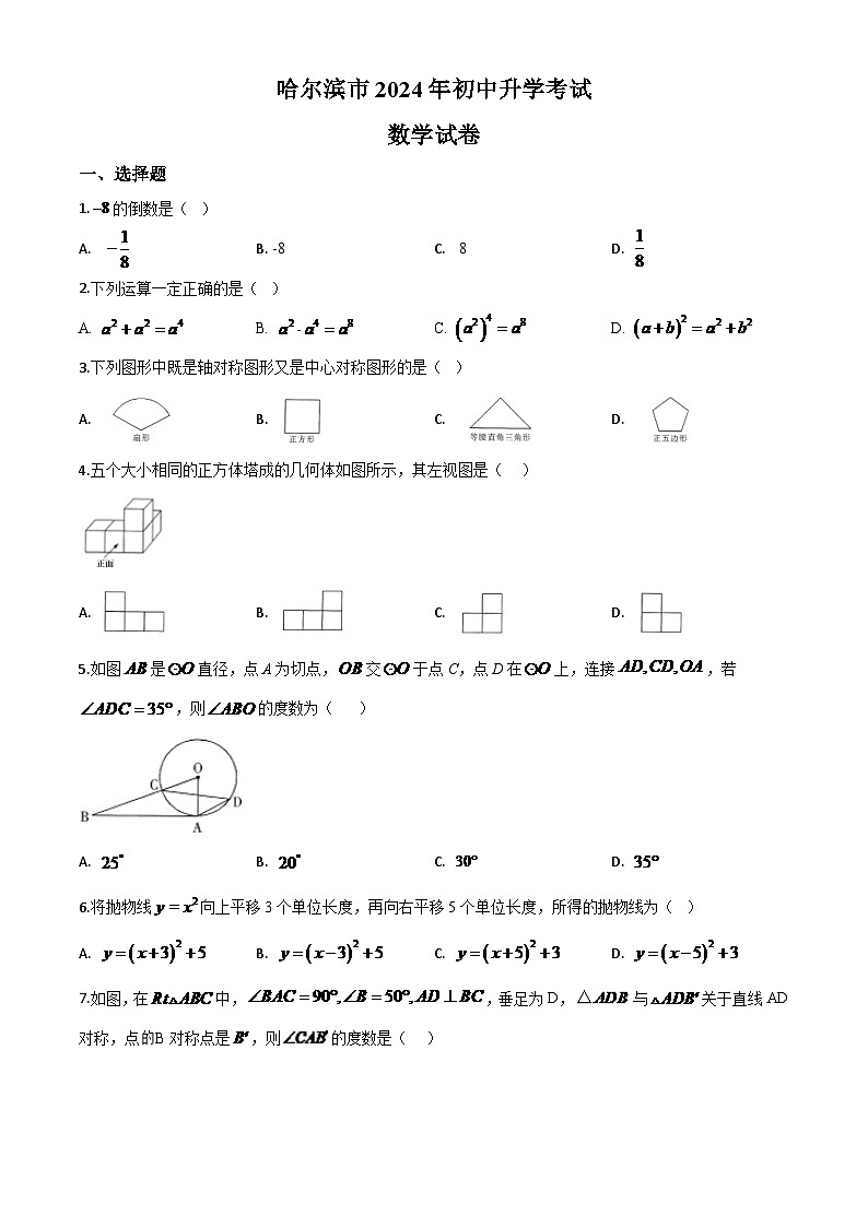 黑龙江省哈尔滨市2024年中考模拟数学试题（原卷版）第1页