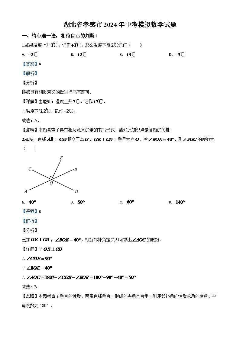 湖北省孝感市2024年中考模拟数学试题（解析版）第1页