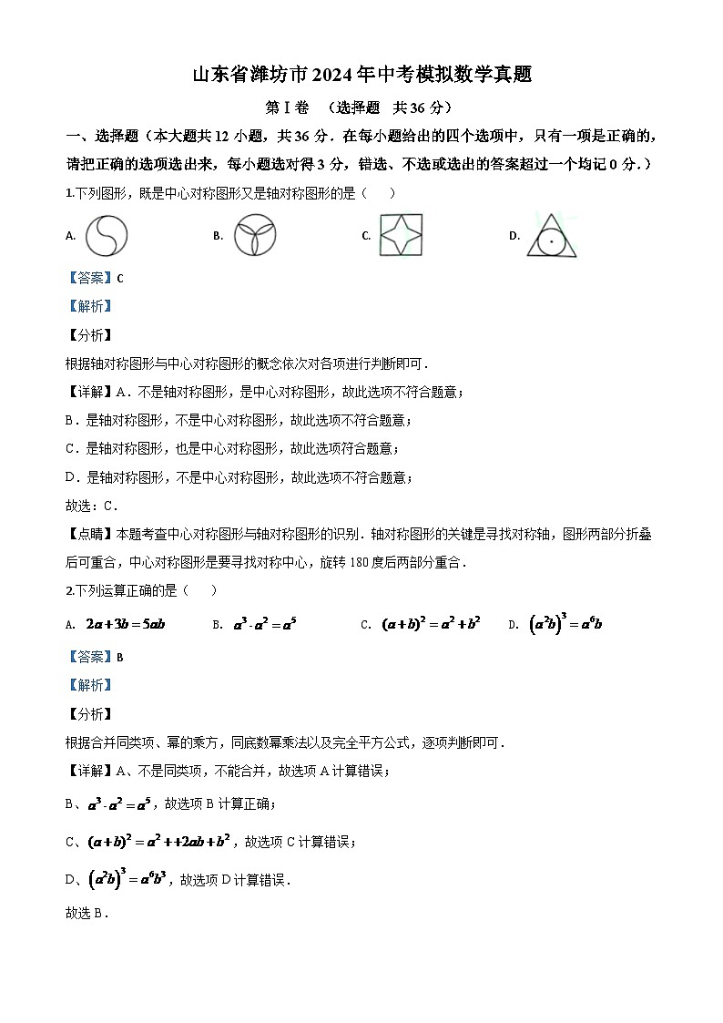 山东省潍坊市2024年中考模拟数学试题（解析版）第1页
