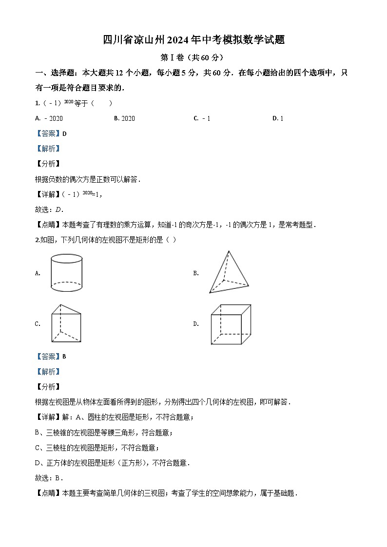 四川省凉山州2024年中考模拟数学试题（解析版）第1页