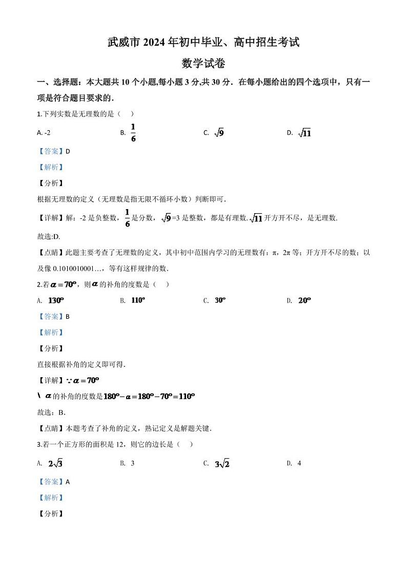 甘肃省武威市2024年中考模拟数学试题（解析版）第1页
