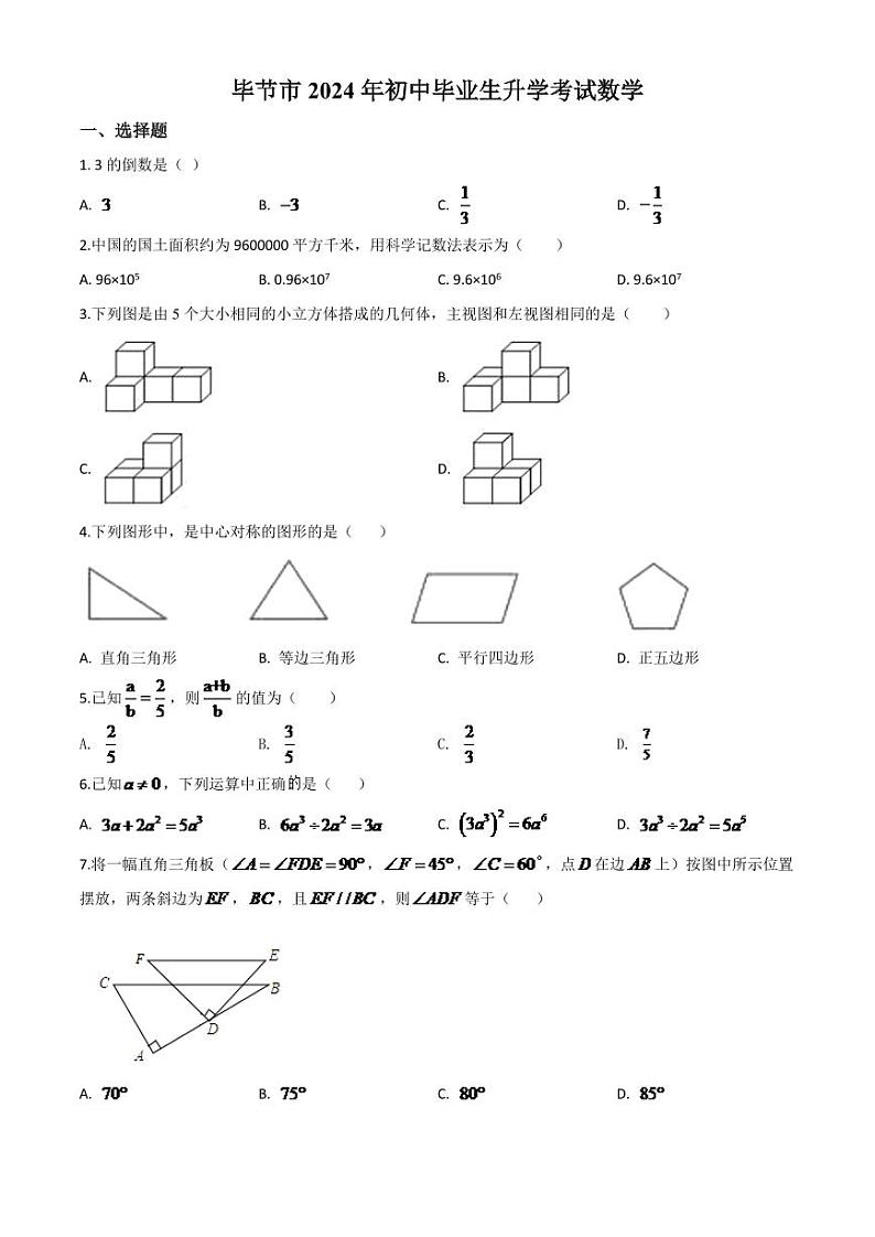贵州省毕节市2024年中考模拟数学试题（原卷版）第1页