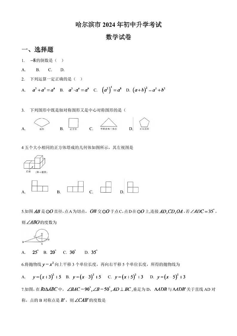 黑龙江省哈尔滨市2024年中考模拟数学试题（word版，无答案）第1页