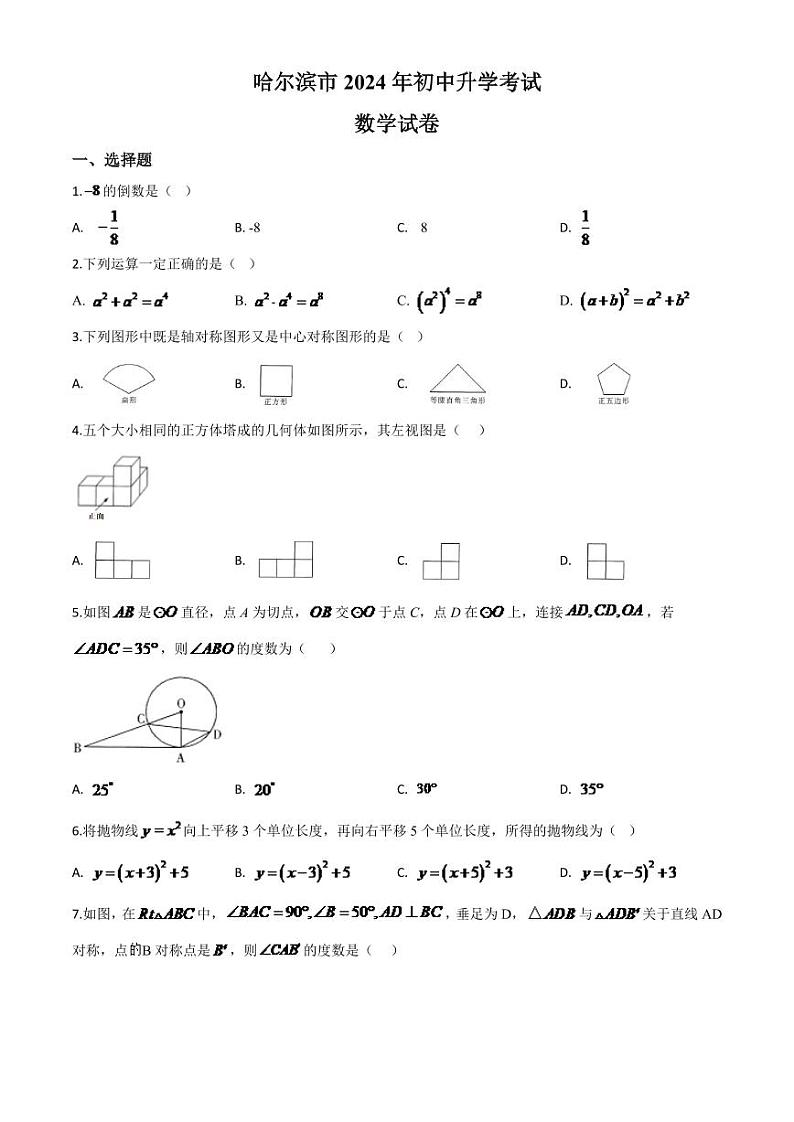 黑龙江省哈尔滨市2024年中考模拟数学试题（原卷版）第1页