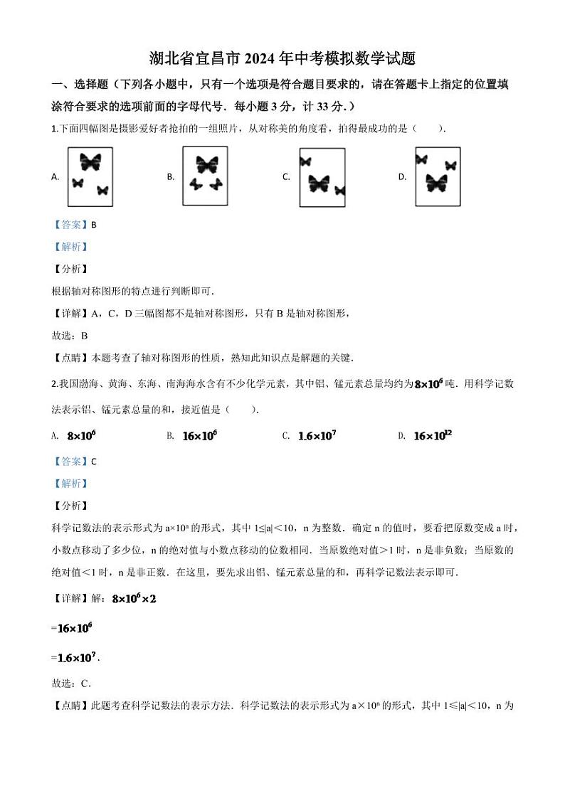 湖北省宜昌市2024年中考模拟数学试题（解析版）第1页