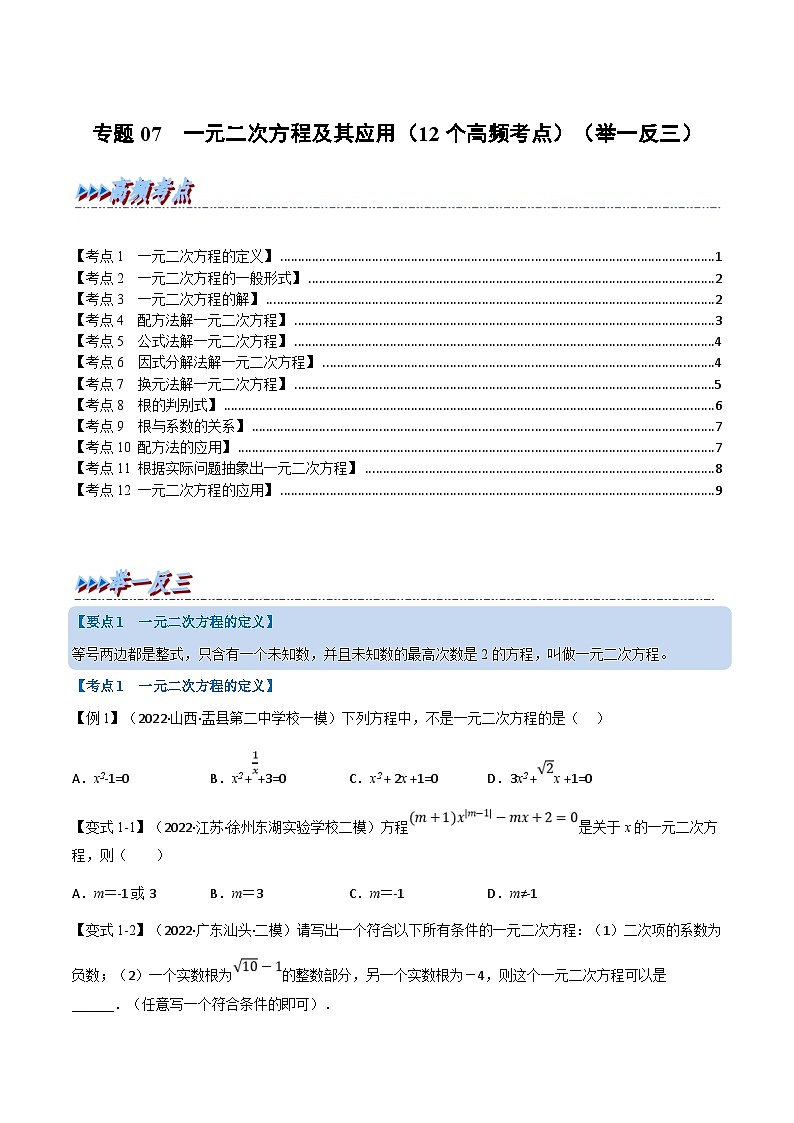 中考数学一轮复习专题07 一元二次方程及其应用（12个高频考点）（举一反三）（原卷版）第1页