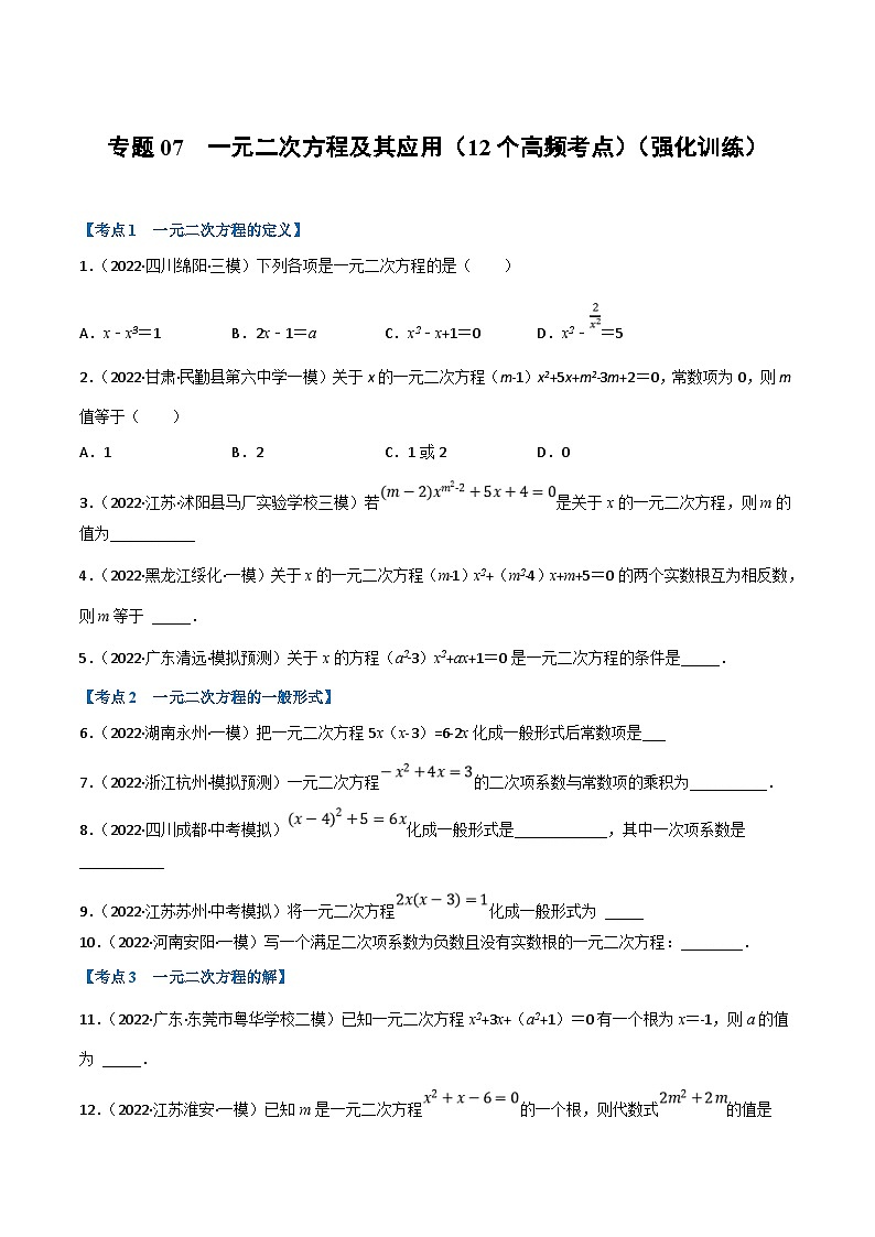 中考数学一轮复习专题07 一元二次方程及其应用（12个高频考点）（强化训练）（原卷版）第1页