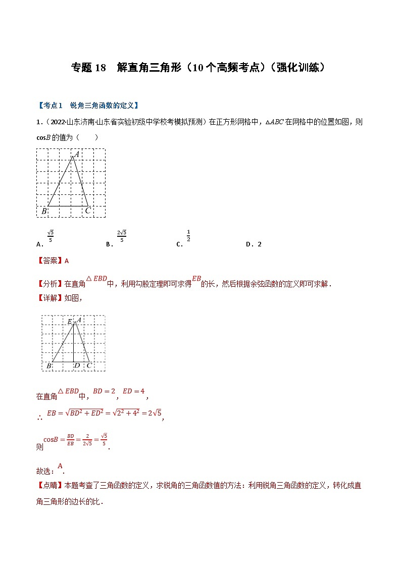 中考数学一轮复习专题18 解直角三角形（10个高频考点）（强化训练）（解析版）第1页