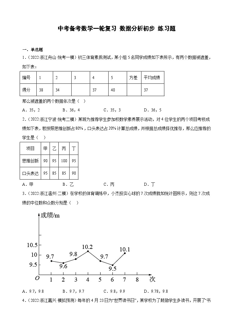 浙江省2023年中考数学一轮复习 数据分析初步 练习题（含详解）　第1页