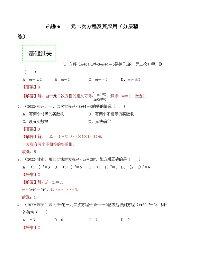 2025年中考数学一轮复习分层精练专题06 一元二次方程及其应用（解析版）第1页