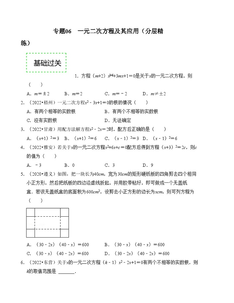 2025年中考数学一轮复习分层精练专题06 一元二次方程及其应用（原卷版）第1页
