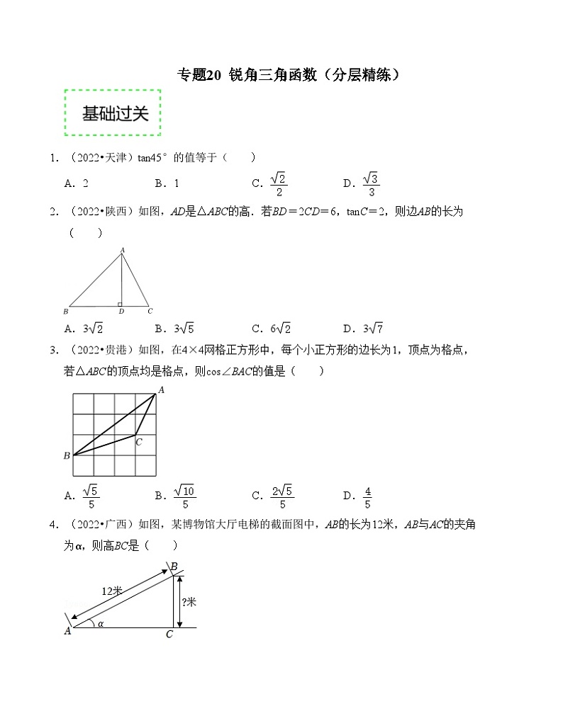 2025年中考数学一轮复习分层精练专题20 锐角三角函数（原卷版）第1页