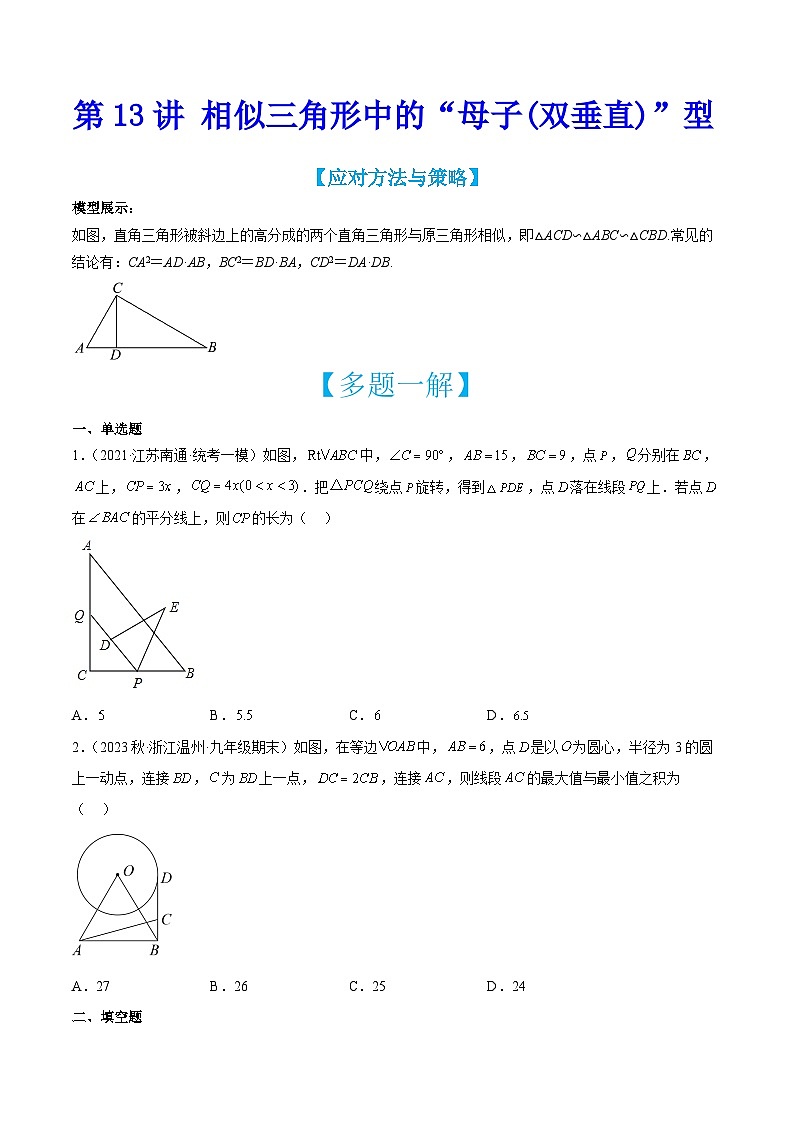 中考数学二轮培优训练第13讲 相似三角形中的“母子(双垂直)”型（原卷版）第1页