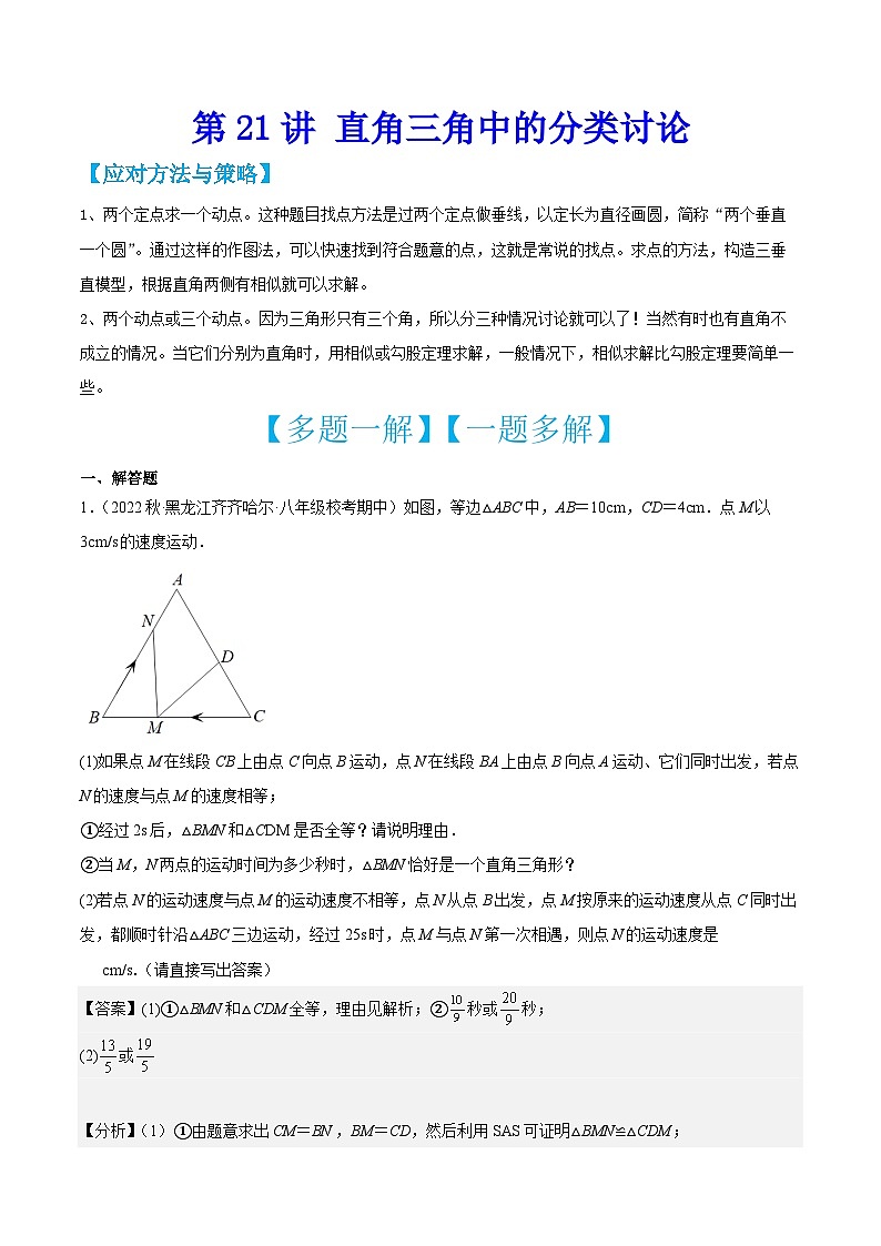 中考数学二轮培优训练第21讲 直角三角中的分类讨论（解析版）第1页