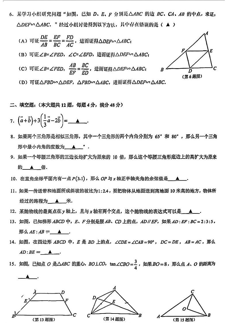 上海市黄浦区2024—2025学年上学期九年级中考一模考试数学试题（期末）第2页
