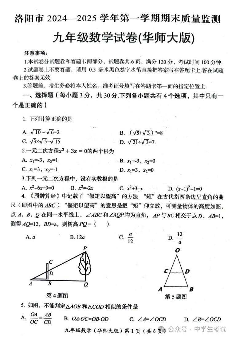 2024-2025学年河南省洛阳市九年级上学期期末数学试卷（华师大版）第1页