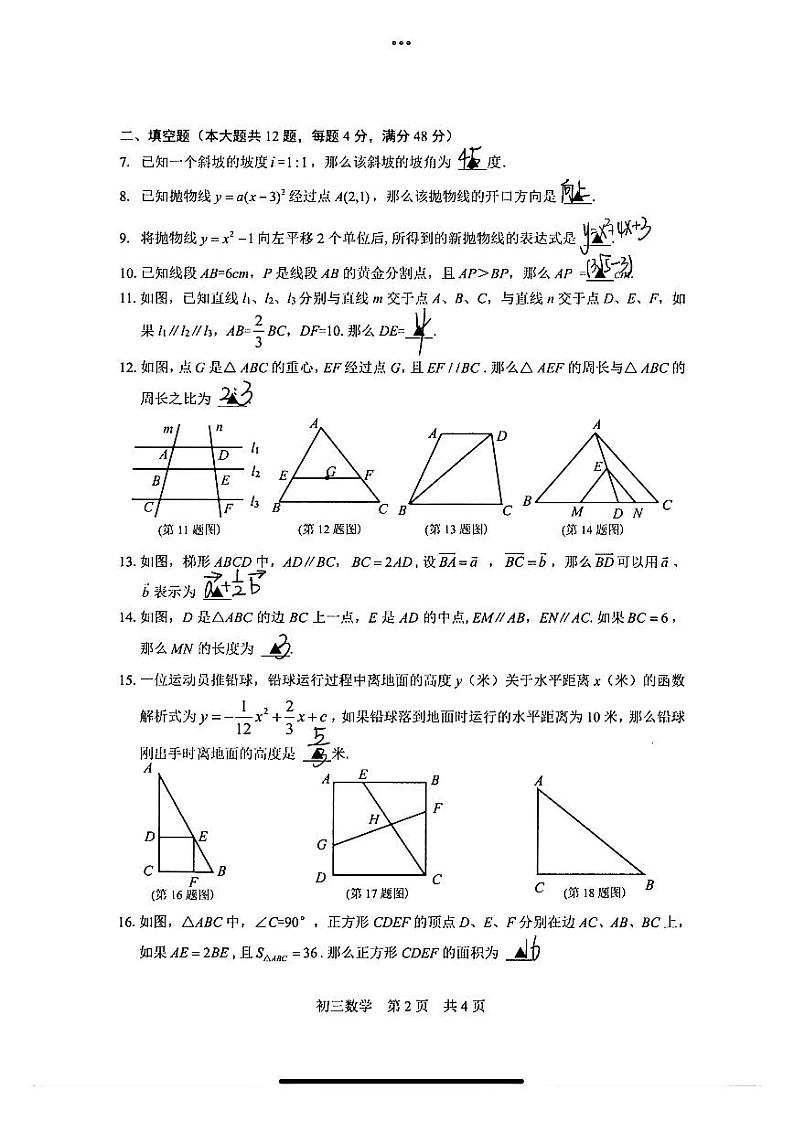 2025届上海市松江一模数学卷参考答案第2页