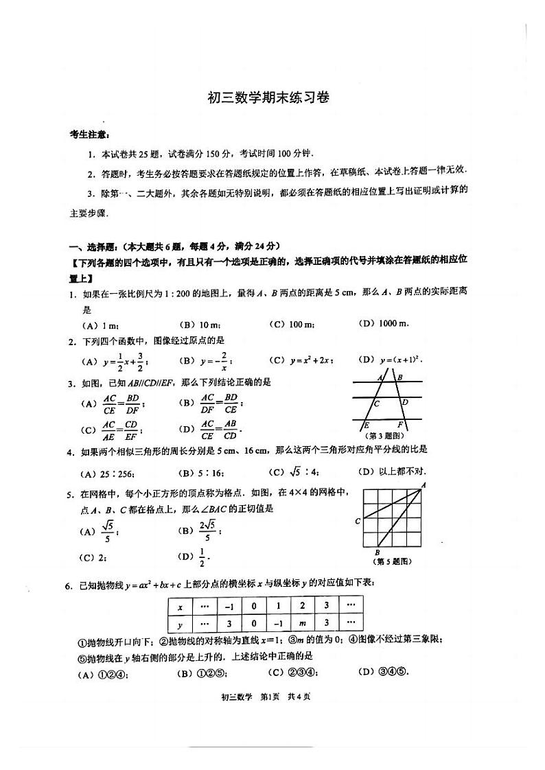 2025届上海市浦东新区初三一模数学试卷第1页