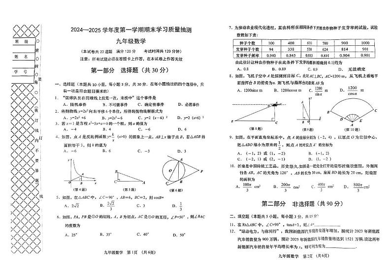 辽宁大连甘井子区2024—2025学年上学期九年级数学期末考试卷第1页