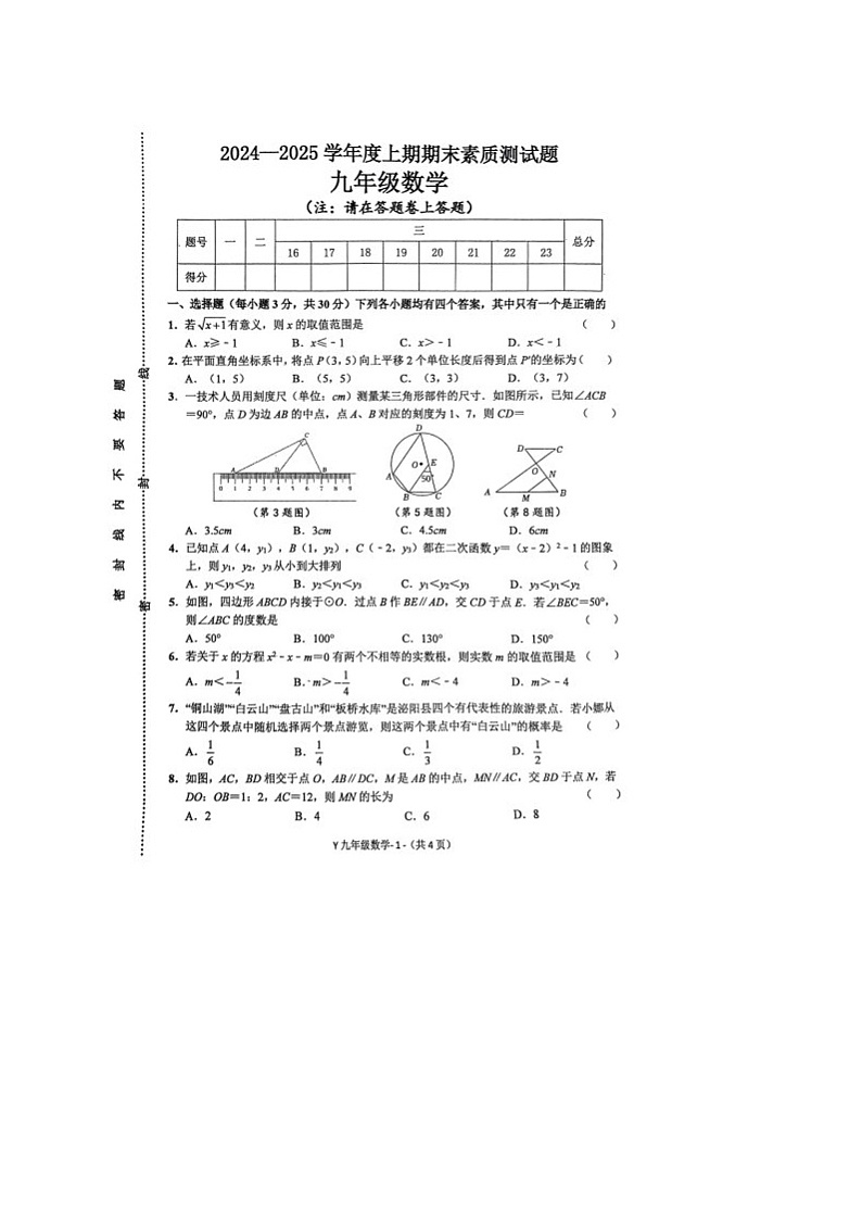 河南省驻马店市泌阳县2024-2025学年九年级上学期期末数学试题第1页