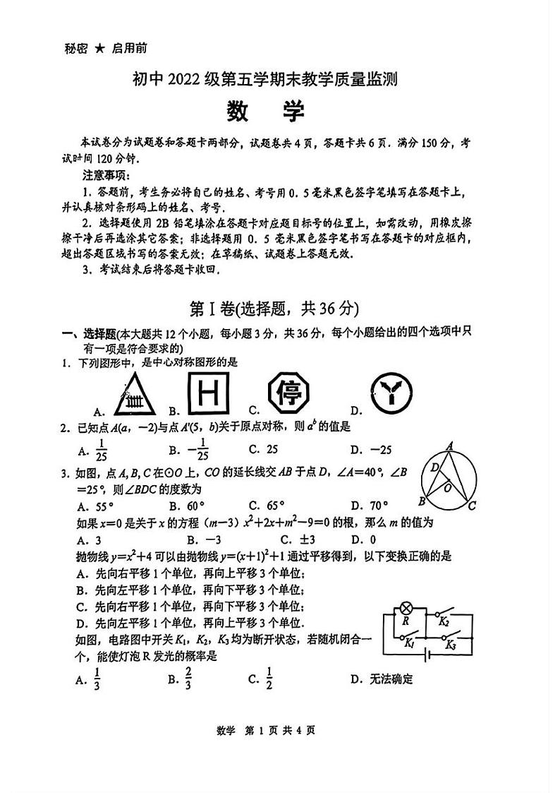 四川省绵阳市2024-2025学年九年级上学期期末考试数学试题第1页