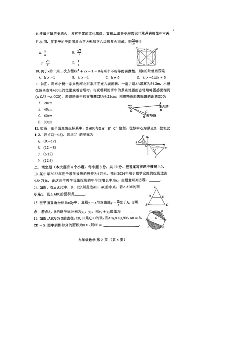 河北省唐山市遵化市2024-2025学年九年级上学期期末考试数学试卷及答案 河北省唐山市遵化市2024-2025学年九年级上学期期末考试数学试卷第2页