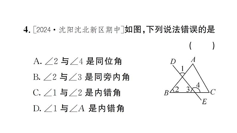 初中数学新人教版七年级下册 7.1.3 两条直线被第三条直线所截 作业课件2025春第5页