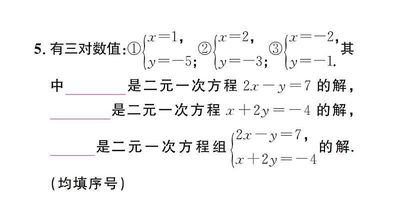 初中数学新人教版七年级下册10.1 二元一次方程组的概念作业课件2025春第6页