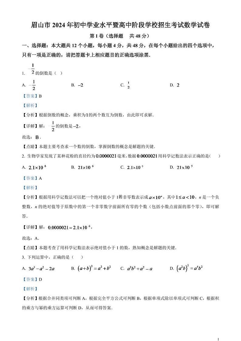 2024年四川省眉山市中考数学模拟试题（解析版）第1页