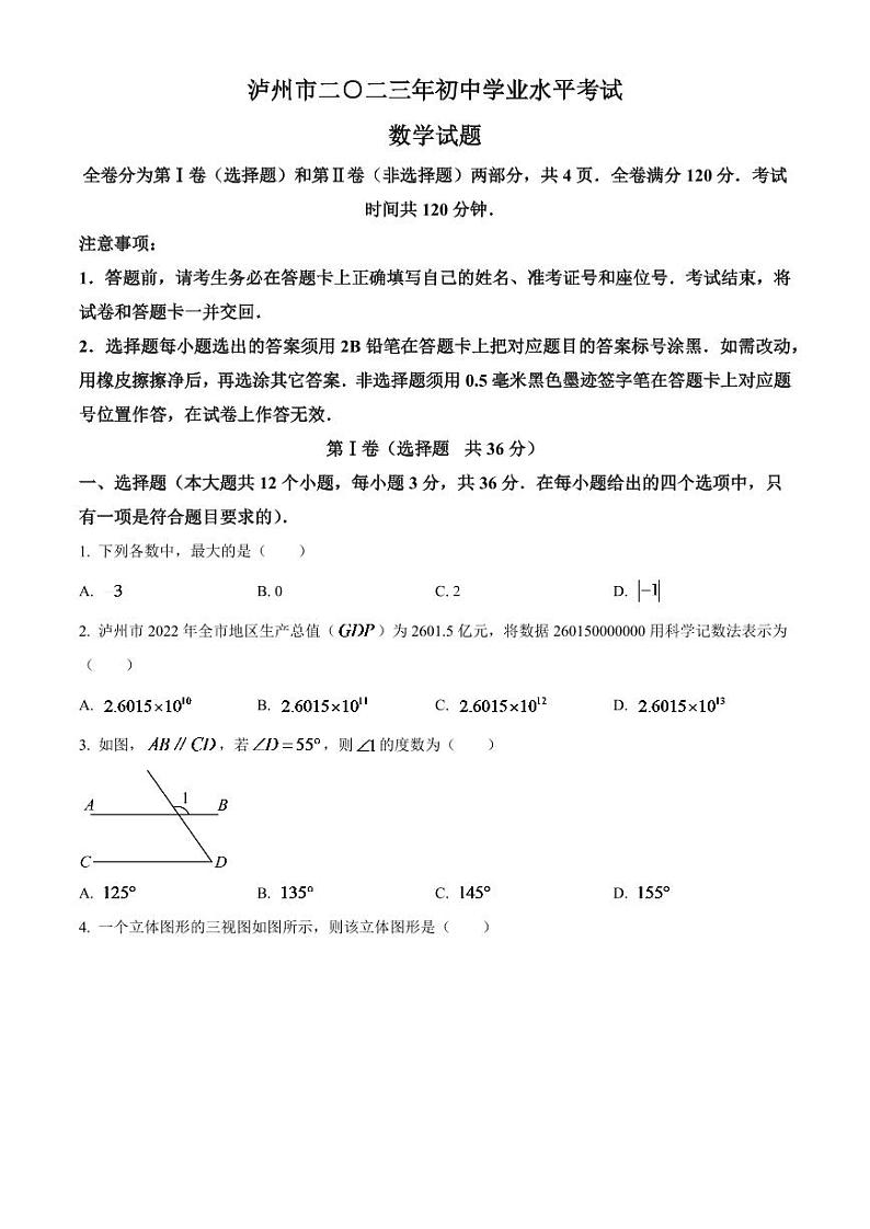 2024年四川省泸州市中考数学模拟试题（原卷版）第1页