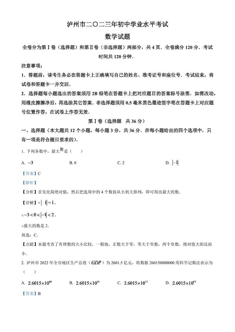 2024年四川省泸州市中考数学模拟试题（解析版）第1页