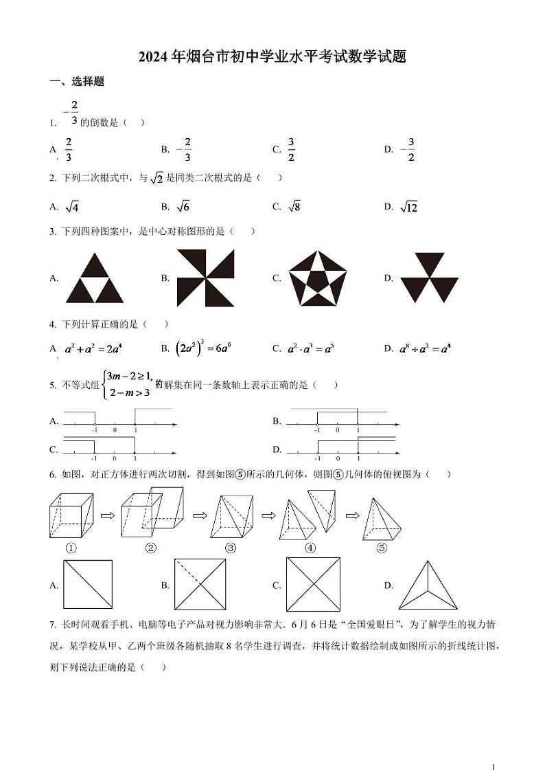 2024年山东省烟台市中考数学模拟试题（原卷版）第1页