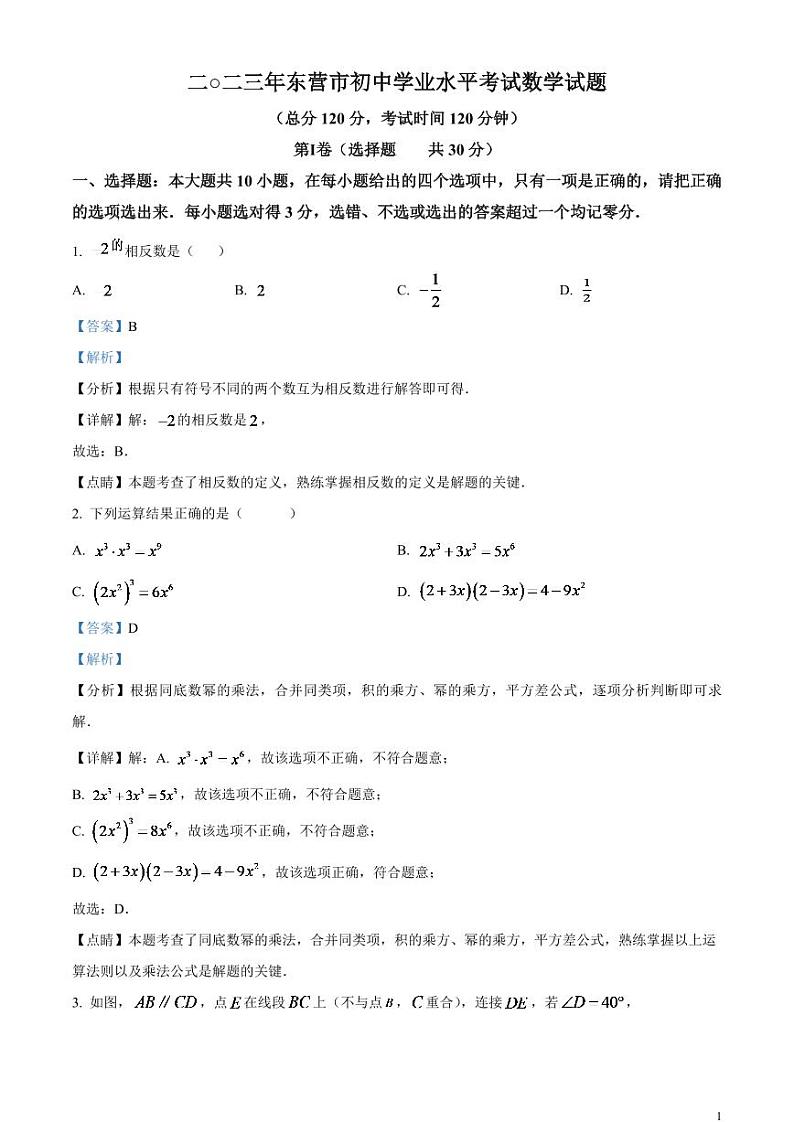 2024年山东省东营市中考数学模拟试题（解析版）第1页