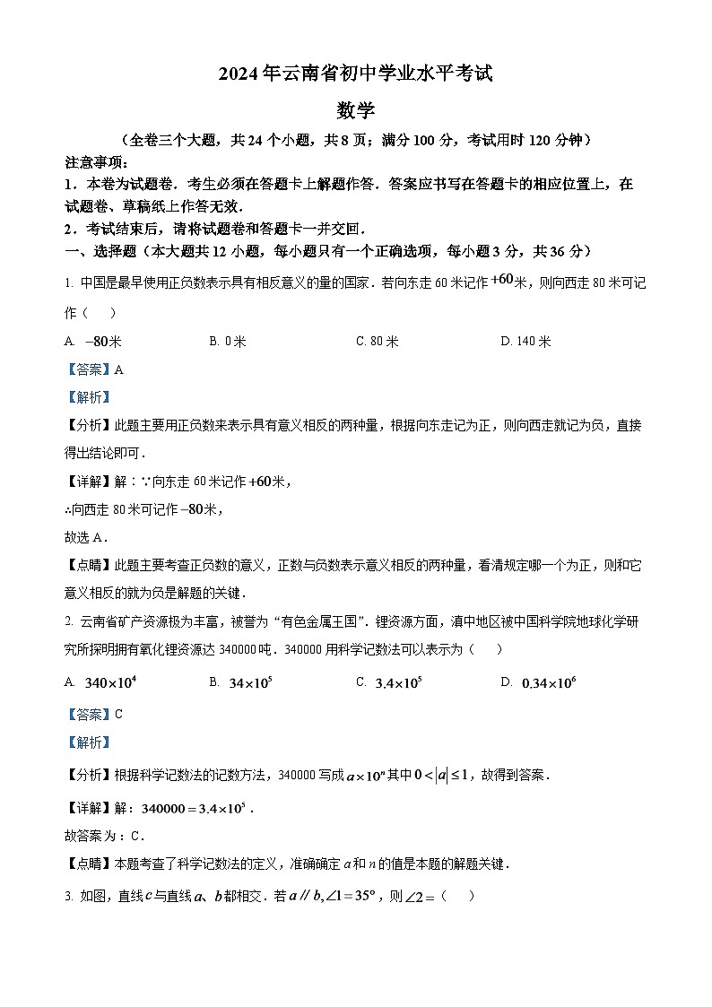 2024年云南省中考数学模拟试题（解析版）第1页