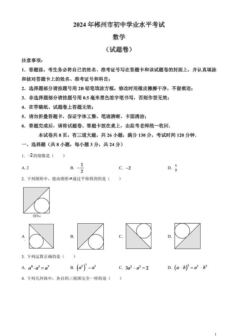 2024年湖南省郴州市中考数学模拟试题（原卷版）第1页